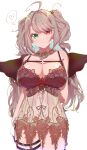  1girl :3 absurdres ahoge arm_behind_back bangs breasts cleavage curly_hair e_sky_rugo girls&#039;_frontline gloves green_eyes grey_hair heart heterochromia highres large_breasts lingerie long_hair looking_at_viewer negligee red_eyes smile solo spoken_heart ssg3000_(girls&#039;_frontline) thigh_gap thigh_strap two_side_up underwear white_gloves 