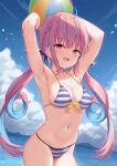  1girl :d armpits arms_up ball bangs bare_arms bare_shoulders beachball bikini blue_hair blue_sky blush braid breasts cleavage cloud cloudy_sky commentary_request day eyebrows_visible_through_hair front-tie_bikini front-tie_top highres holding holding_ball hololive long_hair looking_at_viewer medium_breasts minato_aqua multicolored_hair navel open_mouth outdoors pink_hair purple_eyes shimokirin sidelocks sky smile solo streaked_hair striped striped_bikini swimsuit twintails two-tone_hair very_long_hair virtual_youtuber water 
