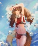  1girl ;d absurdres angelina_(arknights) animal_ears arknights arm_up armpits bangs bare_arms bare_shoulders blue_sky brown_hair cowboy_shot crop_top day fox_ears fox_tail hairband highres holding innertube long_hair looking_at_viewer midriff navel one_eye_closed open_mouth red_eyes red_hairband red_shirt rrrr_(user_rrrrr) shirt sky sleeveless sleeveless_shirt smile solo standing stomach tail thighs water_drop 