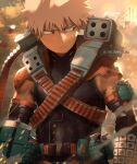  1boy armor bakugou_katsuki bangs belt blonde_hair blurry blurry_background bodysuit boku_no_hero_academia closed_mouth commentary day english_commentary explosive frown grenade gun highres holding male_focus outdoors red_eyes shoulder_armor solo spiked_hair tree trubwlsum upper_body weapon 