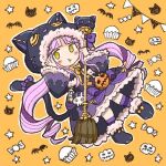  1girl :3 :t animal_hood bell black_capelet blush bow broom candy capelet cat_hood cupcake food full_body fur-trimmed_capelet fur-trimmed_hood fur-trimmed_skirt fur-trimmed_sleeves fur_trim halloween_costume hands_on_own_face hood hood_up hooded_capelet jack-o&#039;-lantern koru_koruno kyouka_(princess_connect!) looking_at_viewer neck_bell paw_shoes princess_connect! pumpkin purple_hair shoes skirt solo star_(symbol) tail tail_bow tail_ornament twintails two_side_up yellow_eyes 