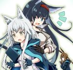  3girls ;d amiya_(arknights) animal_ear_fluff animal_ears arknights bangs black_cape black_gloves black_hair black_jacket blaze_(arknights) blue_eyes blush breasts brown_eyes brown_hair bunny_ears cape commentary_request ear_piercing eyebrows_visible_through_hair fingerless_gloves gloves hairband halftone hood hood_down hooded_cape hooded_jacket jacket long_hair long_sleeves low_ponytail medium_breasts multiple_girls notice_lines one_eye_closed open_mouth panikuru_yuuto partially_fingerless_gloves piercing ponytail red_hairband rosmontis_(arknights) shirt silver_hair smile v-shaped_eyebrows very_long_hair white_background white_shirt 