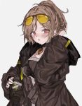  1girl alternate_hairstyle aogisa blush brown_hair choker coat gas_mask highres jacket p90_(girls&#039;_frontline) ponytail red_eyes simple_background solo sunglasses 