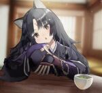  1girl absurdres animal_ears arknights bannnouyakunta black_hair blurry blush commentary_request cup depth_of_field dog_ears facial_mark fingerless_gloves forehead_mark gloves green_tea highres indoors long_hair looking_at_viewer open_mouth purple_gloves purple_shirt saga_(arknights) shirt solo table tea upper_body yellow_eyes 