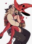  1boy 1girl absurdres axl_low bandana belt blush boots breasts carrying_under_arm denim fingerless_gloves gloves guilty_gear guilty_gear_strive hat highres i-no jeans large_breasts long_hair miukumauk pants short_hair spoilers sunglasses thigh_boots thighhighs witch_hat zipper 