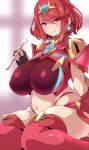  1girl bangs black_gloves blush breasts chest_jewel fingerless_gloves gem gloves highres konno_tohiro large_breasts looking_at_viewer pyra_(xenoblade) red_eyes red_hair red_shorts short_hair shorts smile solo swept_bangs thighhighs thighs tiara xenoblade_chronicles_(series) xenoblade_chronicles_2 