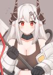 1girl arknights bangs bare_shoulders black_collar black_gloves blush breasts cleavage collar commentary crop_top flying_sweatdrops gloves grey_background hammer highres holding holding_hammer holding_weapon horns infection_monitor_(arknights) long_hair midriff mudrock_(arknights) pointy_ears red_eyes risshu silver_hair simple_background solo sports_bra weapon 