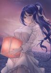  1girl absurdres arhah breasts dark_blue_hair dress hair_ribbon highres holding holding_lantern huge_filesize lantern long_hair long_sleeves looking_at_viewer love_live! love_live!_sunshine!! matsuura_kanan medium_breasts ocean parted_lips ponytail purple_eyes ribbon see-through_sleeves solo sunset white_dress white_ribbon 