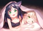  2girls animal_ears bangs black_hair blonde_hair blush camisole cat_ears cat_tail eyebrows_visible_through_hair fang green_eyes kito_(sorahate) looking_at_viewer multiple_girls one_eye_closed open_mouth original pillow pillow_hug smile strap_slip tail under_covers 