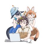  1boy 2girls animal_ears blowhole bucket_hat captain_(kemono_friends) comb common_dolphin_(kemono_friends) computer cup dhole_(kemono_friends) dog_ears dog_girl dog_tail dolphin_tail fins flower hair_flower hair_ornament hat head_fins highres kemono_friends kemono_friends_3 khakis laptop multiple_girls saja_(166j357) smile tail tail_fin teacup 