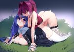  2girls ahoge ass bangs belt blue_eyes blue_hair blunt_bangs blush breasts commission english_commentary eyebrows_visible_through_hair futa_with_female futanari gao_(gaolukchup) grass hair_between_eyes highres large_breasts long_hair lying motion_blur multiple_girls on_stomach orie_(under_night_in-birth) pants penis prone_bone purple_hair red_eyes second-party_source sex sex_from_behind thighhighs under_night_in-birth yuzuriha_(under_night_in-birth) 
