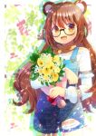  1girl :d animal_ears bangs bare_shoulders bear_ears black-framed_eyewear blush bouquet bow brown_eyes brown_hair cowboy_shot eyebrows_visible_through_hair fang flower frilled_shirt frills glasses hair_between_eyes kouu_hiyoyo long_hair long_sleeves looking_at_viewer off-shoulder_shirt off_shoulder open_mouth original overall_shorts puffy_long_sleeves puffy_sleeves red_bow semi-rimless_eyewear shirt sleeves_past_wrists smile solo under-rim_eyewear very_long_hair white_flower white_shirt yellow_flower 