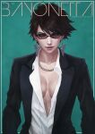  1girl absurdres bayonetta bayonetta_(character) black_hair breasts cleavage earrings glasses green_background highres jewelry looking_at_viewer makeup monori_rogue necklace open_clothes short_hair simple_background solo sunglasses 