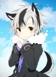  1boy animal_ear_fluff animal_ears bangs black_hair black_jacket blue_sky closed_mouth cloud cloudy_sky day dog_boy dog_ears dog_tail eyebrows_visible_through_hair fang fang_out fur-trimmed_jacket fur_trim grey_hair jacket kamiyoshi_rika kemonomimi_mode long_sleeves looking_at_viewer male_focus multicolored_hair nijisanji open_clothes open_jacket outdoors purple_shirt shirt sky sleeves_past_wrists solo streaked_hair suzuki_masaru tail virtual_youtuber 