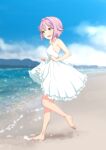  1girl :d barefoot beach blurry blurry_background brown_eyes day dress frilled_dress frills hair_intakes idolmaster idolmaster_cinderella_girls koshimizu_sachiko open_mouth outdoors pink_hair sakaki_imasato short_hair skirt_hold smile solo sundress water 