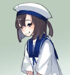  1girl after_suko bangs blue_eyes blue_neckwear blue_sailor_collar blush breasts brown_hair daitou_(kancolle) dress green_background grin hat kantai_collection looking_at_viewer medium_breasts one-hour_drawing_challenge ponytail sailor_collar sailor_dress sailor_hat short_sleeves simple_background smile solo white_dress 