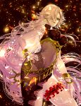  1girl blue_eyes bracelet breasts cinderella_(sinoalice) cleavage closed_mouth confetti dress dutch_angle earrings garters hair_over_one_eye hand_on_hip highres jewelry lipstick long_hair looking_at_viewer makeup ojo_aa pink_hair signature sinoalice smug very_long_hair 