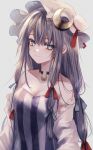  1girl absurdres bare_shoulders breasts choker cleavage crescent crescent_hair_ornament dress grey_background hair_ornament hat highres long_hair maho_moco mob_cap patchouli_knowledge purple_dress purple_eyes purple_hair simple_background solo touhou upper_body very_long_hair 