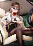  bag bag_on_lap bare_shoulders black_legwear blouse blue_eyes blush breasts brown_hair bubble_tea car cleavage ear_piercing expulse eyebrows_visible_through_hair food food_in_mouth ground_vehicle holding holding_bag jewelry long_hair miniskirt motor_vehicle mouth_hold nana_(kurisustinah) necklace office_lady original pantyhose piercing purple_skirt ribbon sitting skirt toast toast_in_mouth white_blouse wristband 