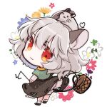  animal_ear_fluff animal_ears animal_on_head basket biyon black_dress black_footwear blush_stickers capelet chibi commentary_request dowsing_rod dress floral_background flower full_body grey_hair heart heart_tail long_sleeves looking_at_viewer looking_back mouse mouse_ears mouse_on_head mouse_tail nazrin on_head red_eyes shirt shoes short_hair socks tail tail_hold touhou twitter_username white_background white_legwear white_shirt 