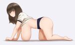  1girl barefoot bent_over blush breast_rest breasts brown_eyes brown_hair buruma gym_uniform highres huge_breasts looking_at_viewer mil_k_vanilla mole mole_on_ass original sagging_breasts solo 