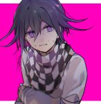  1boy bangs blurry blurry_foreground checkered checkered_neckwear checkered_scarf clenched_teeth commentary_request danganronpa_(series) danganronpa_v3:_killing_harmony depth_of_field grey_jacket hair_between_eyes highres huyuharu0214 jacket letterboxed long_sleeves looking_at_viewer male_focus medium_hair ouma_kokichi purple_eyes purple_hair scarf shiny shiny_hair signature simple_background solo straitjacket sweat teeth upper_body 