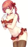  1girl bare_arms bare_shoulders bikini bikini_skirt biting breast_hold breasts brown_legwear choker cleavage collarbone cowboy_shot glove_biting gloves grey_background groin hair_ribbon heterochromia highres hiki_niito hololive houshou_marine medium_breasts mouth_hold navel orange_eyes red_bikini red_choker red_eyes red_hair revision ribbon simple_background skindentation smile solo standing stomach strapless strapless_bikini swimsuit thighs twintails virtual_youtuber white_gloves wrist_cuffs 