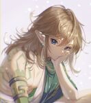  1boy armlet bangs blonde_hair blue_eyes earrings highres jewelry link long_hair looking_at_viewer pointy_ears shuri_(84k) the_legend_of_zelda white_background 