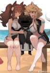  1other 2girls ? angelina_(arknights) animal_ear_fluff animal_ears aqua_nails arknights beach bench bikini black_choker black_coat blue_shorts breasts brown_hair choker cleavage coat collarbone commentary_request doctor_(arknights) fox_ears fox_girl full_body girl_sandwich grey_bikini hair_ornament hairband hooded_coat jewelry large_breasts long_hair long_sleeves looking_at_another multiple_girls navel necklace ocean off_shoulder one-piece_swimsuit open_clothes open_coat originium_arts_(arknights) outdoors purple_eyes red_hairband sandwiched short_shorts shorts sitting smile stomach string_bikini striped striped_bikini swimsuit tail thighs toenail_polish utage_(arknights) utage_(summer_flowers)_(arknights) virgosdf weibo_username white_swimsuit wide_sleeves wristband x_hair_ornament 