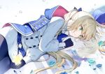  1girl artoria_pendragon_(all) artoria_pendragon_(caster)_(fate) bangs blonde_hair blue_bow blue_cape blue_flower blue_gloves blue_headwear blue_legwear blue_neckwear bow bowtie bubble buttons cape closed_eyes closed_mouth crying crying_with_eyes_open dress eyebrows_visible_through_hair fate/grand_order fate/stay_night fate_(series) flower gloves green_eyes hair_bow hat holding hood hood_down hooded_cape kamiowl long_hair low_twintails lying pantyhose parted_lips petals reflection saber saint_quartz short_hair sidelocks tears teeth twintails very_long_hair white_dress 