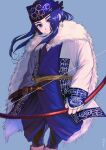  1girl absurdres ainu ainu_clothes asirpa bandana black_hair blue_background blue_eyes blue_hair boots bow_(weapon) cape cross_shark earrings fur_cape golden_kamuy highres hoop_earrings jewelry long_hair long_sleeves looking_at_viewer sheath simple_background weapon white_cape 