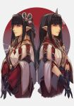  2girls black_gloves black_hair eyeliner gloves hair_ornament hinoa hungry_clicker japanese_clothes lips long_hair looking_at_viewer makeup minoto monster_hunter_(series) monster_hunter_rise multiple_girls pointy_ears rope siblings sisters traditional_media white_background 