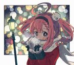  1girl artist_name azur_lane blurry bokeh border braid braided_bangs breath coat depth_of_field fur-trimmed_mittens hair_pom_pom highres koru_koruno lamppost light_rays looking_at_viewer purple_eyes red_coat red_hair saratoga_(azur_lane) saratoga_(silent_night_songstress)_(azur_lane) scarf short_hair solo sparkling_eyes twintails two_side_up upper_body white_mittens white_scarf winter winter_clothes winter_coat 
