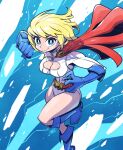  1girl bangs belt blonde_hair blue_eyes blue_footwear blue_gloves boots breasts cape cleavage clenched_hand dc_comics floating_hair gloves large_breasts leotard open_hand power_girl red_belt red_cape short_hair smile solo sunafuki_tabito superhero v-shaped_eyebrows white_leotard 