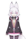  1girl :d animal_ear_fluff animal_ears bangs black_jacket black_legwear black_shirt capriccio collared_shirt commentary_request eyebrows_visible_through_hair frilled_jacket hair_between_eyes hair_ornament hairclip hood hood_down hooded_jacket indie_virtual_youtuber jacket long_sleeves looking_at_viewer necktie open_clothes open_jacket open_mouth pantyhose purple_eyes shirt short_necktie simple_background sleeves_past_wrists smile solo striped striped_shirt sweater_vest tail tenma_maemi upper_teeth vertical-striped_shirt vertical_stripes virtual_youtuber white_background white_hair white_neckwear 