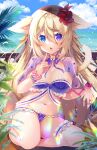  1girl animal_ears bangs barefoot bell bikini blonde_hair blue_eyes blue_nails blurry blurry_foreground bow breasts capelet choker commentary_request day eyebrows_visible_through_hair flower frilled_bikini frills green_nails groin hair_between_eyes hair_flower hair_ornament hand_up heterochromia highres jingle_bell ko_yu large_breasts leg_garter long_hair looking_at_viewer multicolored multicolored_nails nail_polish navel neck_bell open_mouth original outdoors palm_leaf pink_flower plant purple_bikini purple_bow purple_capelet purple_eyes purple_nails purple_ribbon red_flower ribbon ribbon_choker sitting sky solo stomach swimsuit tail tail_raised toenail_polish very_long_hair wrist_flower wristband 