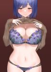  1girl bangs blue_hair blush bra breasts brown_background brown_sweater cleavage closed_mouth clothes_lift commentary_request eyebrows_visible_through_hair fingernails floral_print highres lace lace-trimmed_panties lace_panties lace_trim large_breasts lifted_by_self lingerie long_fingernails long_sleeves looking_at_viewer mole mole_under_eye nail_polish navel nijisanji panties pink_nails purple_bra purple_panties ribbed_sweater shizuka_rin short_hair simple_background skindentation skysign_ft sleeves_past_wrists smile solo stomach sweater sweater_lift thigh_gap thighs turtleneck turtleneck_sweater underwear virtual_youtuber yellow_eyes 