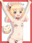  1girl :d ahoge alternate_costume animal_ears animal_print armpits arms_up ass_visible_through_thighs bangs bare_shoulders bell bikini blonde_hair choker clover_print collarbone commentary_request cow_ears cow_horns cow_print eyebrows_visible_through_hair fake_animal_ears flat_chest genshin_impact groin hair_between_eyes hair_ornament hairclip highres horns jumpy_dumpty klee_(genshin_impact) long_hair looking_at_viewer low_twintails micro_bikini midriff navel neck_bell open_mouth orange_eyes pointy_ears side-tie_bikini sidelocks simple_background smile solo swimsuit twintails zendamu 
