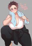  1girl 2021 agawa_ryou blush breasts brown_eyes brown_hair cleavage commentary dated english_commentary grey_background huge_breasts original pants shirt short_hair signature simple_background solo sweat sweatpants towel white_shirt 