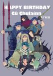  6+boys ;d arm_on_head armor asymmetrical_clothes bangs black_gloves blue_bodysuit blue_hair bodysuit braid character_name chest_tattoo chibi closed_eyes cu_chulainn_(caster)_(fate) cu_chulainn_(fate)_(all) cu_chulainn_(fate/prototype) cu_chulainn_(fate/stay_night) cu_chulainn_alter_(fate/grand_order) dated earrings facial_mark fangs fate/grand_order fate_(series) gae_bolg_(fate) gloves grin hair_over_shoulder hair_strand hand_on_hip happy_birthday holding holding_spear holding_weapon hood jewelry leaning_forward long_hair looking_at_viewer male_focus mini_cu-chan_(fate) mitsudomoe_(shape) monster_boy multiple_boys one_eye_closed open_mouth parted_bangs polearm ponytail purple_background red_eyes sandals setanta_(fate) simple_background single_braid smile spear spiked_tail tail tattoo thigh_gap toeless_legwear tomoe_(symbol) weapon x-r5xxxlove 
