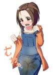  1girl blue_overalls blush brown_eyes brown_hair idolmaster idolmaster_cinderella_girls minamimachi_naname open_mouth overalls pee peeing peeing_self shirt short_hair simple_background solo tears wet wet_clothes white_shirt yanase_miyuki 