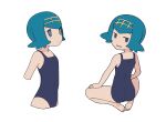  1girl bangs barefoot blue_eyes blue_hair bright_pupils commentary_request covered_navel eyelashes freckles hairband hands_on_own_thighs highres lana_(pokemon) looking_back looking_up multiple_views no_pupils no_sclera one-piece_swimsuit parted_lips pokemon pokemon_(game) pokemon_sm sitting soles spread_legs squid_neetommy swimsuit toes trial_captain wedgie white_pupils yellow_hairband 