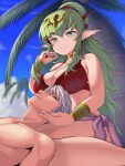  1boy 1girl absurdres bikini blade_ride blue_sky breasts cloud commentary_request day eyebrows_visible_through_hair fire_emblem fire_emblem_awakening green_eyes green_hair grey_hair hair_ornament hair_ribbon hetero highres lap_pillow large_breasts long_hair manakete outdoors palm_tree pink_sarong pointy_ears ponytail red_bikini red_ribbon ribbon robin_(fire_emblem) robin_(fire_emblem)_(male) sky smile swimsuit tiki_(fire_emblem) tree very_long_hair 