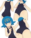  1girl :o bangs bare_arms black_swimsuit blue_eyes blue_hair breasts bright_pupils clenched_hand collarbone commentary freckles hairband hand_up index_finger_raised lana_(pokemon) looking_at_viewer multiple_views no_sclera one-piece_swimsuit pokemon pokemon_(game) pokemon_sm short_hair shoulder_blades simple_background squid_neetommy swimsuit trial_captain white_background white_pupils yellow_hairband 