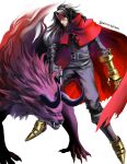  1boy absurdres black_hair clawed_gauntlets cloak final_fantasy final_fantasy_vii headband highres horns leather long_hair messy_hair monster pointed_footwear red_cloak red_eyes red_headband revolver snowscapism torn_clothes vincent_valentine white_background 
