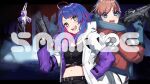  2girls :d ahoge apex_legends assault_rifle b3_wingman belt black_belt black_pants blue_eyes blue_headwear blush bodysuit brown_hair commission cosplay crop_top crypto_(apex_legends) crypto_(apex_legends)_(cosplay) drone gun hand_in_pocket holding holding_gun holding_weapon hood hooded_jacket indie_virtual_youtuber jacket mashiro_(rikuya) multicolored_hair multiple_girls navel open_mouth orange_jacket pants purple_hair r-301_carbine red_hair revolver rifle sample smile streaked_hair wattson_(apex_legends) weapon white_bodysuit white_jacket yamanashi_miya 