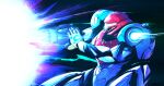  1girl arm_cannon armor beam chun_lo full_body glowing gun helmet highres metroid metroid_dread power_armor samus_aran science_fiction sidelocks simple_background solo varia_suit visor weapon 