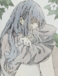  1girl bangs closed_eyes covering_mouth dated earrings flower grey_background grey_hair grey_sweater highres jewelry knees_up leaf long_hair original signature sleeves_past_wrists solo sweater tears toaruocha white_flower 