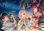  animal_ears black_hair blonde_hair blush brown_eyes brown_hair festival foxgirl fumi_(nijisanji) hoshikawa_sara japanese_clothes kagawa_ichigo night nijisanji ponytail red_eyes short_hair sky stars summer tree twintails yamagami_karuta yukata 