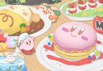  absurdres apron blue_eyes blueberry blush_stickers caprese_salad chef_hat cupcake curry curry_rice drink drinking_straw food fruit green_tea_ruru hat highres icing kirby kirby_(series) kirby_cafe looking_at_viewer maxim_tomato pancake raspberry rice smile star_(symbol) waddle_dee 